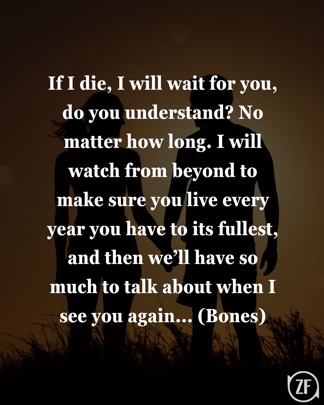 If I die, I will wait for you, do you understand? No matter how long. I will watch from beyond to make sure you live every year you have to its fullest, and then we’ll have so much to talk about when I see you again… (Bones)