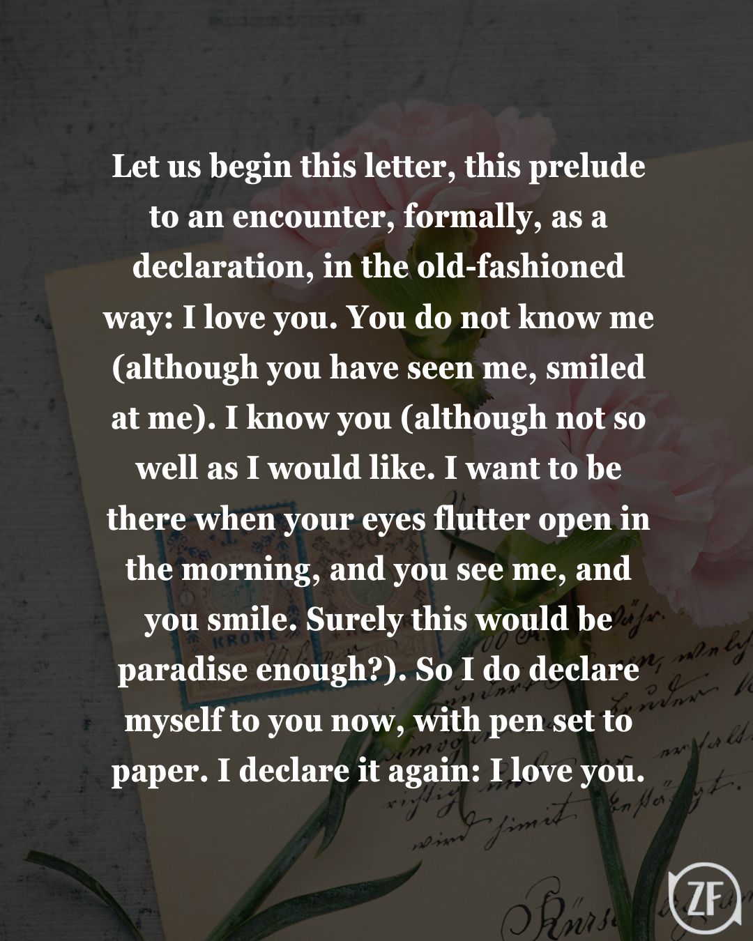 Let us begin this letter, this prelude to an encounter, formally, as a declaration, in the old-fashioned way: I love you. You do not know me (although you have seen me, smiled at me). I know you (although not so well as I would like. I want to be there when your eyes flutter open in the morning, and you see me, and you smile. Surely this would be paradise enough?). So I do declare myself to you now, with pen set to paper. I declare it again: I love you.