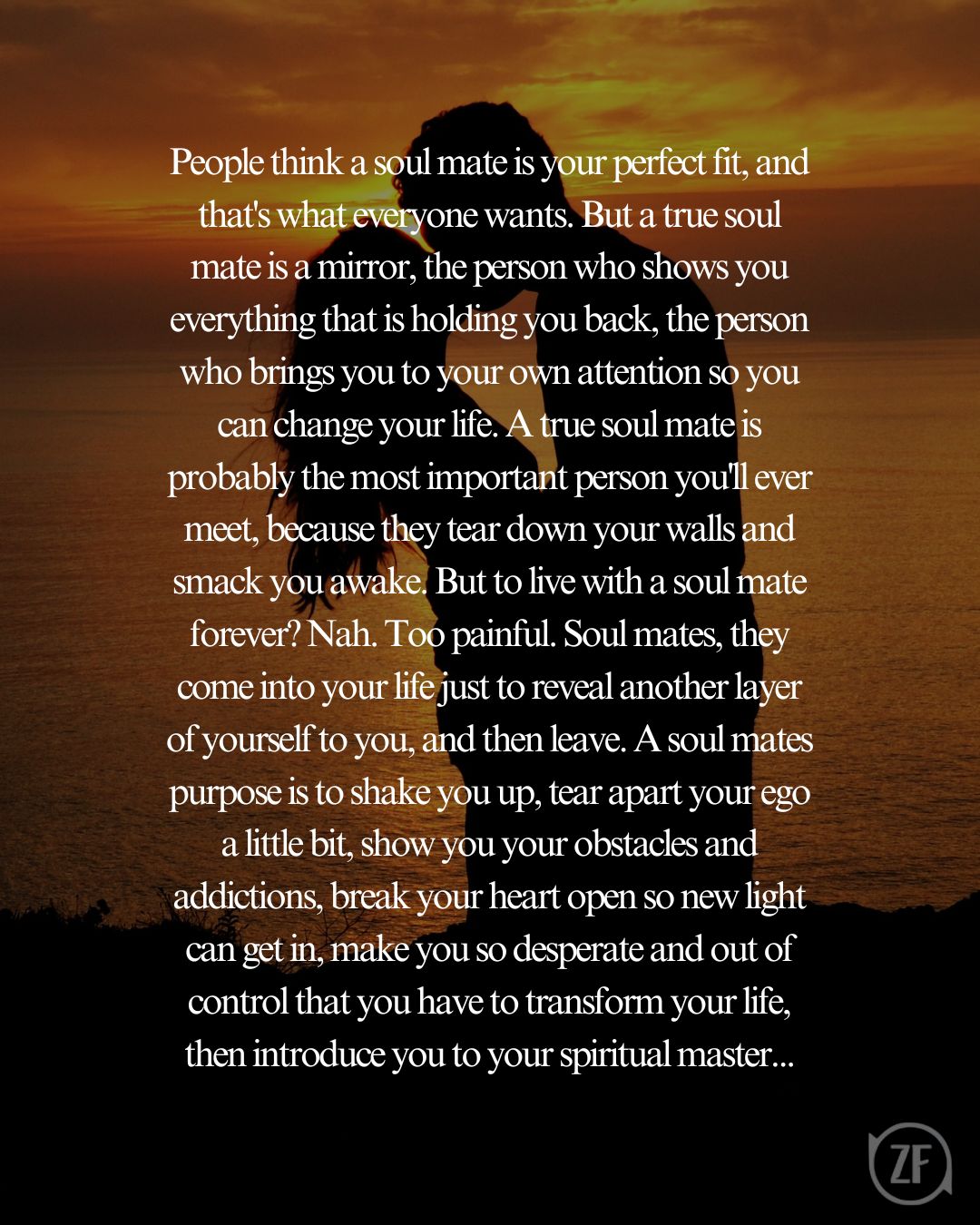 People think a soul mate is your perfect fit, and that's what everyone wants. But a true soul mate is a mirror, the person who shows you everything that is holding you back, the person who brings you to your own attention so you can change your life. A true soul mate is probably the most important person you'll ever meet, because they tear down your walls and smack you awake. But to live with a soul mate forever? Nah. Too painful. Soul mates, they come into your life just to reveal another layer of yourself to you, and then leave. A soul mates purpose is to shake you up, tear apart your ego a little bit, show you your obstacles and addictions, break your heart open so new light can get in, make you so desperate and out of control that you have to transform your life, then introduce you to your spiritual master...