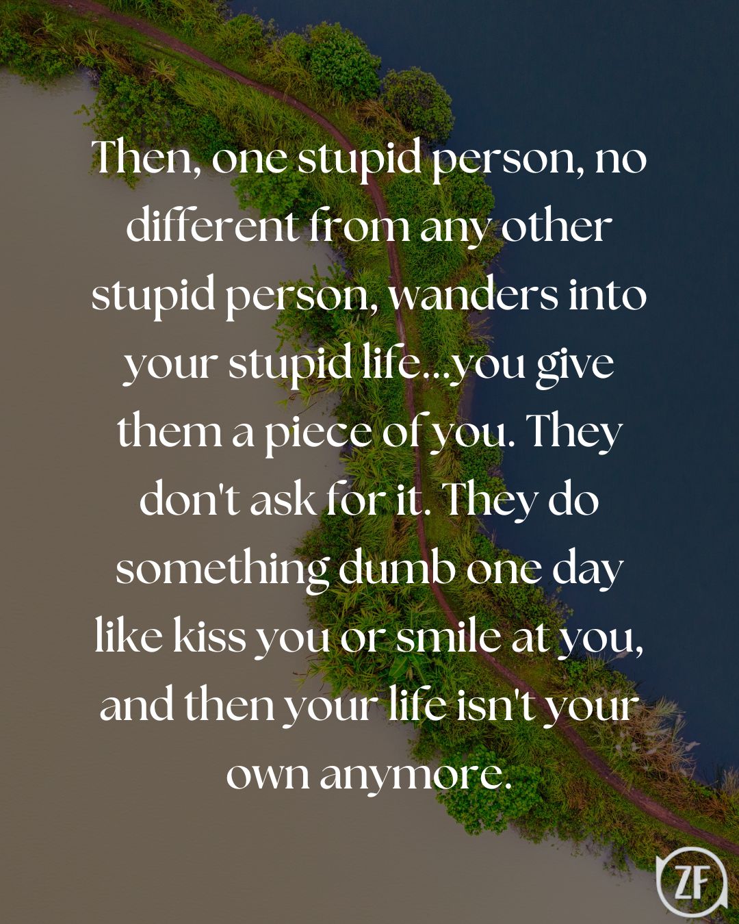 Then, one stupid person, no different from any other stupid person, wanders into your stupid life...you give them a piece of you. They don't ask for it. They do something dumb one day like kiss you or smile at you, and then your life isn't your own anymore.