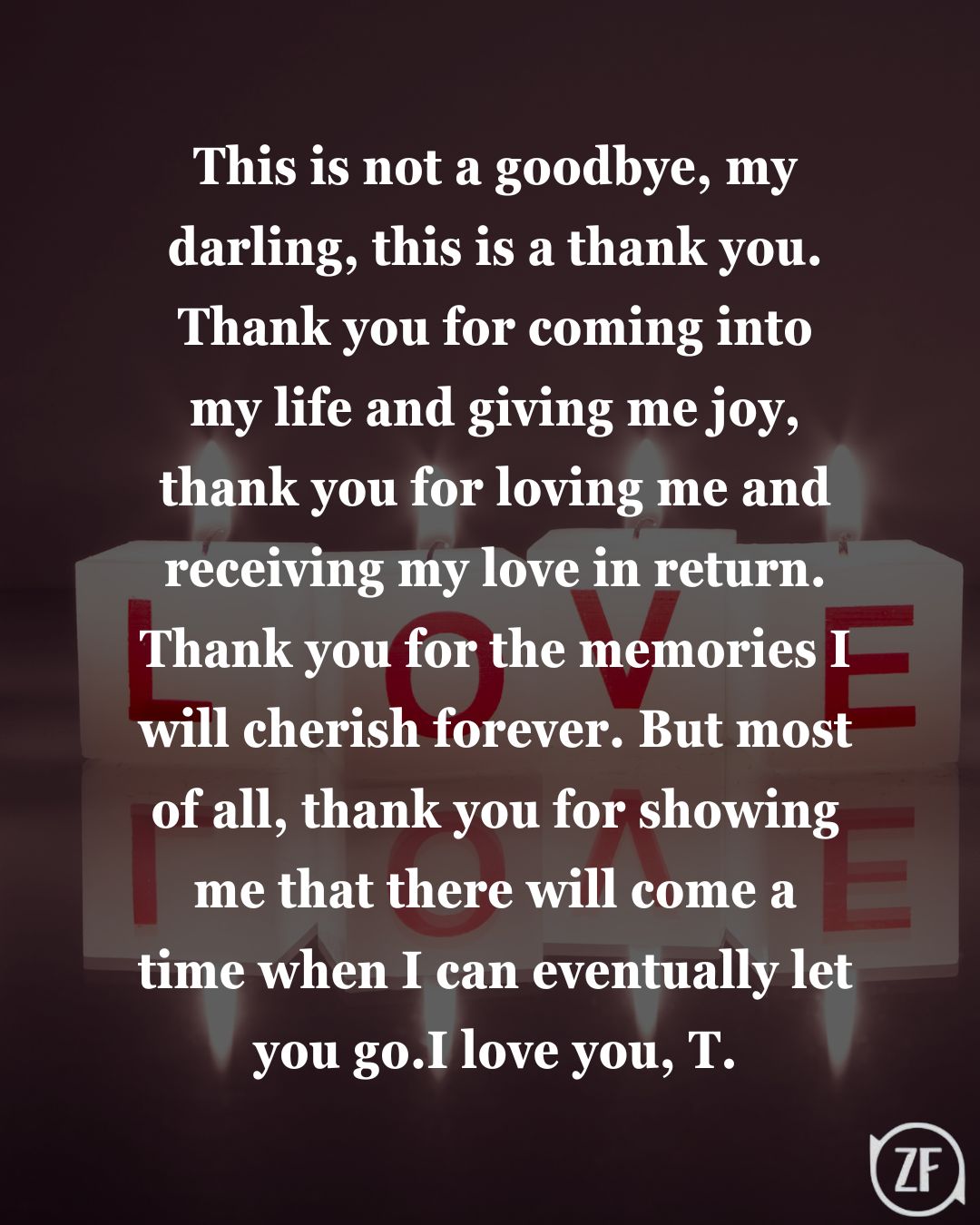 This is not a goodbye, my darling, this is a thank you. Thank you for coming into my life and giving me joy, thank you for loving me and receiving my love in return. Thank you for the memories I will cherish forever. But most of all, thank you for showing me that there will come a time when I can eventually let you go.I love you, T.