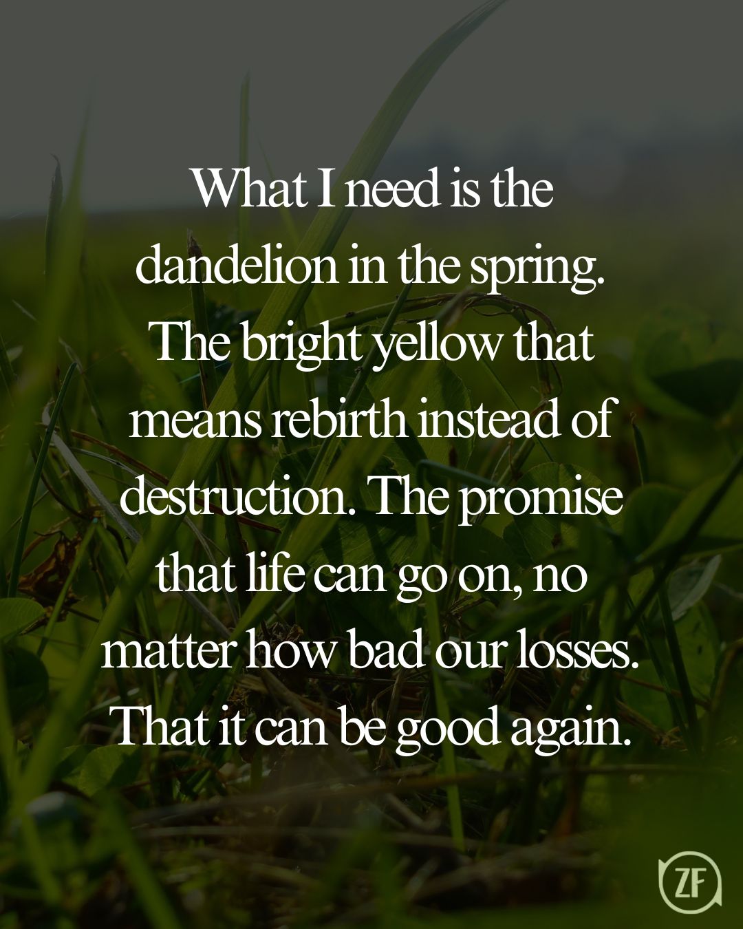 What I need is the dandelion in the spring. The bright yellow that means rebirth instead of destruction. The promise that life can go on, no matter how bad our losses. That it can be good again.