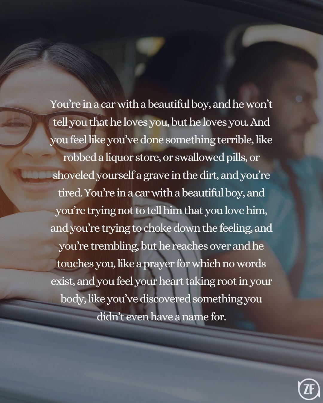 You’re in a car with a beautiful boy, and he won’t tell you that he loves you, but he loves you. And you feel like you’ve done something terrible, like robbed a liquor store, or swallowed pills, or shoveled yourself a grave in the dirt, and you’re tired. You’re in a car with a beautiful boy, and you’re trying not to tell him that you love him, and you’re trying to choke down the feeling, and you’re trembling, but he reaches over and he touches you, like a prayer for which no words exist, and you feel your heart taking root in your body, like you’ve discovered something you didn’t even have a name for.