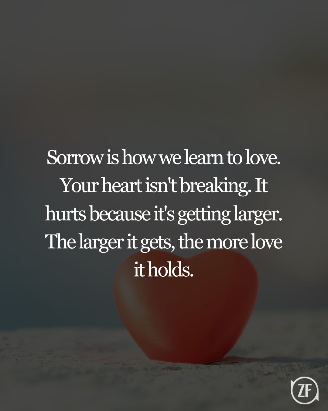 Sorrow is how we learn to love. Your heart isn't breaking. It hurts because it's getting larger. The larger it gets, the more love it holds.